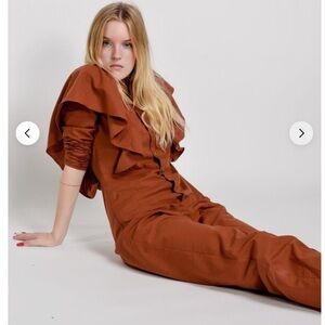 NWT Free People x RITA ROW LOLA RUFFLED JUMPSUIT - ORANGE MICROCHECKS